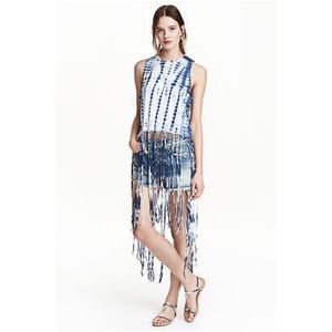 H&M WHITE BLUE TIE DYE FRINGE CROP HIPPIE TOP